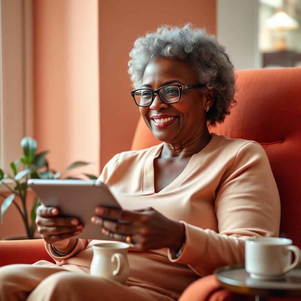A senior woman thoughtfully reviewing notes beside her laptop